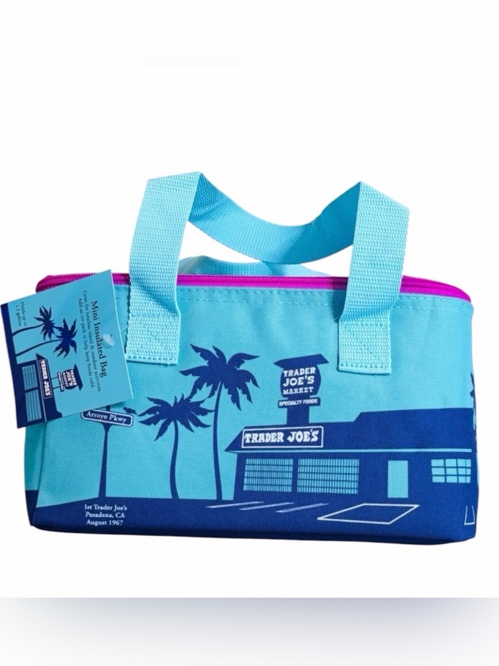 Trader Joe's Mini Insulated Tote Bag - Aqua Blue with Pink Trim